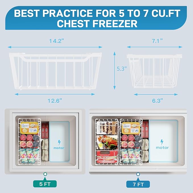 Freezer Organizer Bins, 4 Pack Chest Freezer Organizer Stackable for 5-7 Cu.FT Deep Freezer Sort Frozen Meats and Food, Freezer Storage Baskets with Handles Easy Reach from Bottom, White