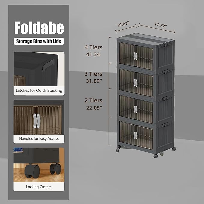 ONAIL Stackable Storage Bins with Lid & Drawers, Large Foldable Collapsible Storage Containers Bin with Doors & Wheels, Folding Plastic Storage Boxes for Home, Pantry, Office (S, Gray 4-Tier)