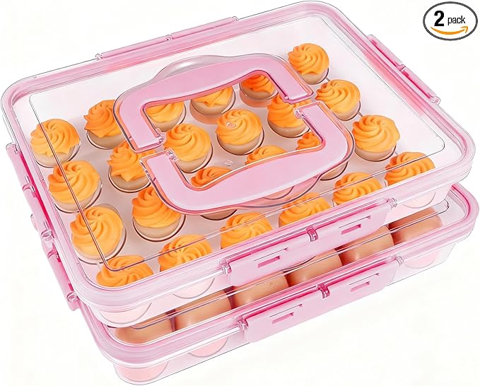 RoskDeewat Deviled Egg Containers with Lid, 2 Pack Thick Clear Plastic Deviled Carrier with Handle Storage 48 Eggs, Stackable Egg Holder Portable Tray Platter for Fridge, Travel, Party-Pink