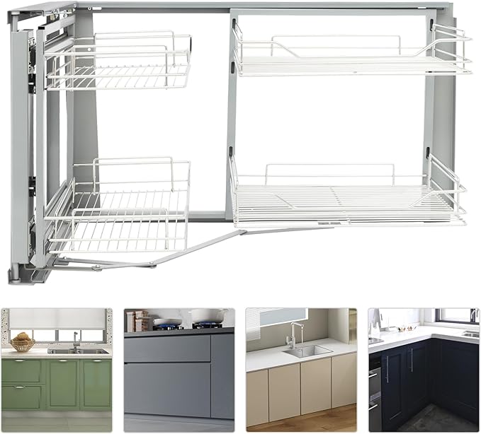 Blind Corner Cabinet Pull Out Left & Right Open, Cabinet Organizer 2 Tiers Organizer, L-Shaped Hidden Slide Out Shelves for Store Kitchen Utensils 35.24x18.11x20.67in(Pull Out Left & Right, Style2)