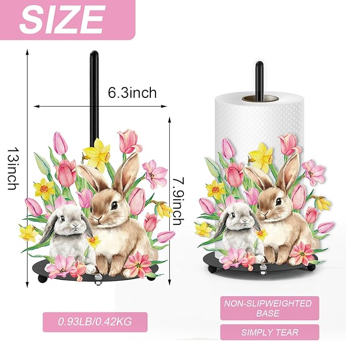 Whaline Easter Paper Towel Holder Kitchen Decor Accessories Floral Bunny Rabbit Flower Large Metal Towel Holder Stand for Spring Home Party Bathroom Countertop