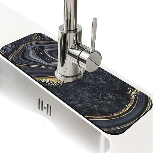 Kitchen Sink Splash Guard，Abstract black gold marble Faucet Mat Sink Gadgets-Super Absorbent Fast Drying Mat Drip Catcher for Kitchen, Bathroom,Sink Mat, Dish Drying Mat, Bathroom(15" X 5.5" )