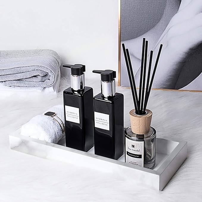Marble Pattern Tray - Decorative Resin Vanity Tray Organizer for Bathroom, Kitchen, Coffee Table, 8-Inch White, Holds Perfume, Candles, Jewelry, Diffuser & Makeup
