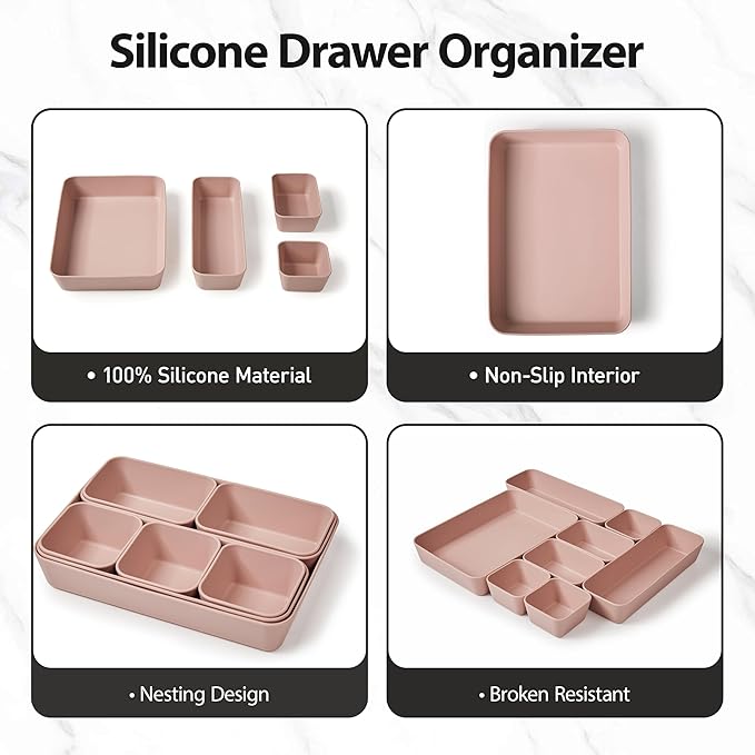 ISSEVE 8Pcs Nesting Silicone Drawer Organizer Trays, 4 Size Versatile Vanity Bathroom & Desk Drawer Organizer Set Storage Bins for Office,Kitchen,Nightstand,Pink