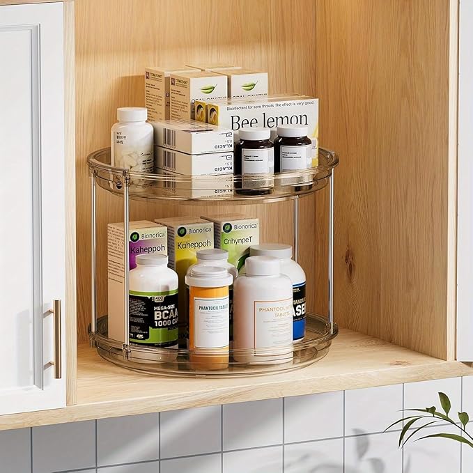 2 Tier Lazy Susan Organizer, 9.25'' Spice Rack for Cabinet, Stackable Turntable Organizer Rotating Makeup Organization for Kitchen Countertop, Pantry, Bathroom, 1PC ﻿