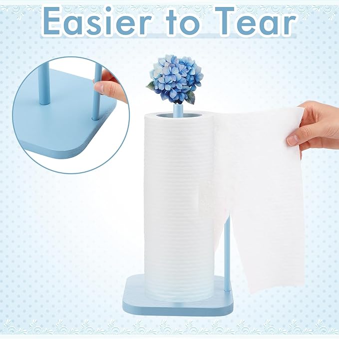 Leinuosen Blue Hydrangea Coquettish Cute Hydrangea Wooden Paper Towel Holder Blue Bathroom Countertop Accessories Kitchen Roll Stand Organizer Standing Apartment Decor Housewarming Gift
