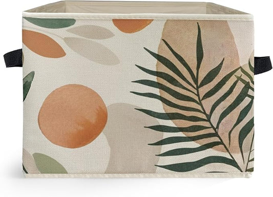 Boho Abstract Botanical Storage Box Bins, Mid Century Modern Boho Leaf Collapsible Storage Basket Organizer for Bedroom Laundry Room Home Clothes Toys Books, Toybox for Boys Girls