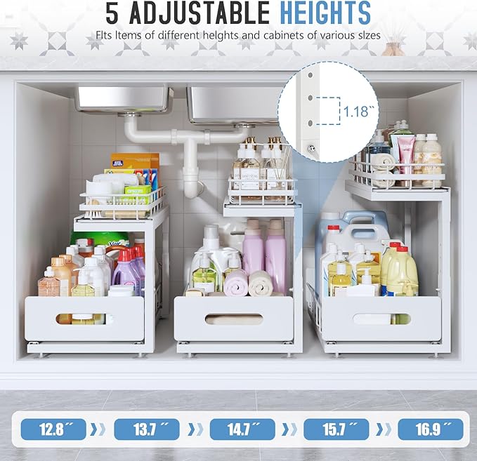 1 Pack 18 IN Depth Under Sink Organizer with Smooth Ball Bearing Slides,2-Tier Pull Out Cabinet Storage,Slide Out Drawers for Bathroom&Kitchen,Rust-resistant Coating,Height Adjustable-White
