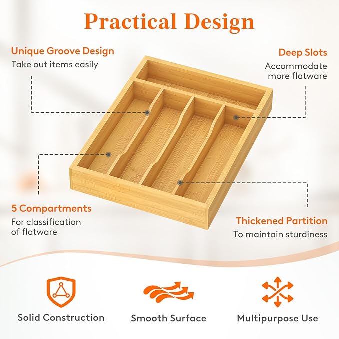 Lifewit Silverware Drawer Organizer, Utensil Tray for Kitchen, 5 Slot Bamboo Flatware and Cutlery Holder, Wood Storage for Spoons Forks Knives, 9.9 x 12.8 Inches, Natural