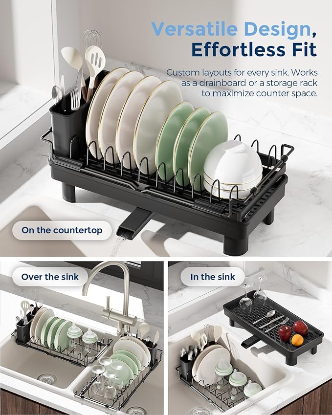 Nacial Small Dish Drying Rack with Utensil Holder, Expandable Dish Rack Over Sink with Auto-Drain Tray, Compact Dish Drainer for Kitchen Counter, Stainless Steel Dish Rack Fits 14''–21.8'' Sink, Black