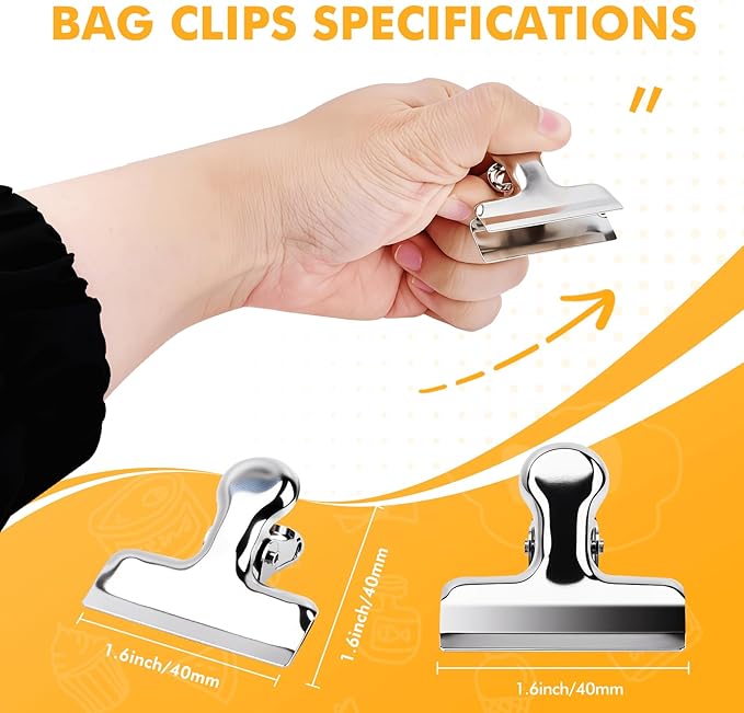 Chip Bag Clips, 12Pcs Sliver Stainless Steel Chip Clips for Food Packages, Metal Kitchen Clip for Snack Bags, Food Storage and Office Home Kitchen