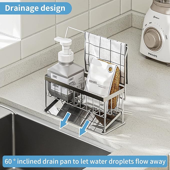 Kitchen Sink Caddy - Sponge Brush Holder with Removable Slope Drip Tray SUS304 Stainless Steel Rustproof Sink Rack