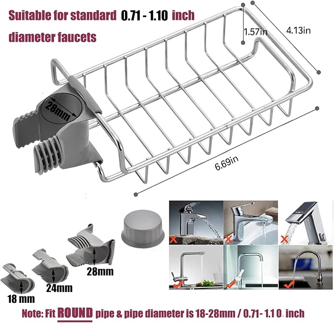 iPstyle Kitchen Sink Caddy Organizer Over Faucet Sponge Holder, Stainless Steel Heavy Duty Thickening Hanging Faucet Drain Rack for Scrubbers, Soap, Bathroom, Detachable No Suction Cup or Magnet