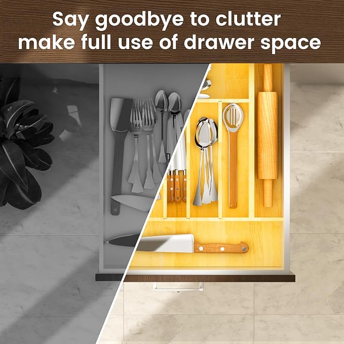 Silverware Drawer Organizer Wood with Adjustable Partition for Kitchen Utensil Cutlery Flatware Cabinet Storage Compartment Tray Insert with Dividers (19.2" W x 19.5" D x 2.5" H)
