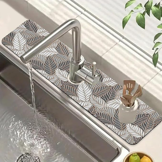 Embossed Leaf Texture Sink Faucet Absorbing Mat Grey Leaf Super Absorbent Fast Drying Mat Sink Gadgets Behind Faucet Sinkmat for Kitchen Bathroom, 23.5"x5.5"