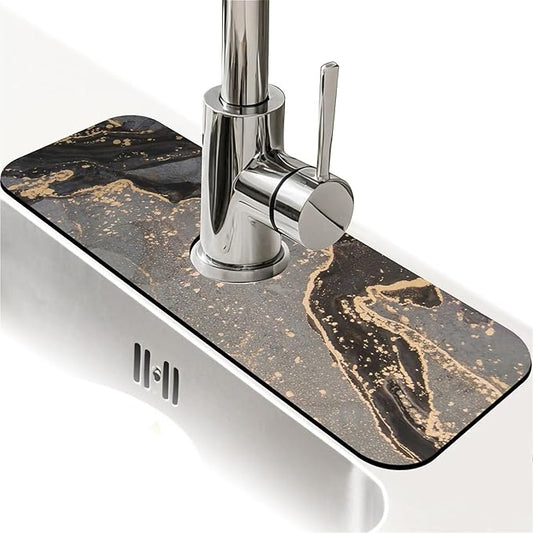Kitchen Sink Splash Guard，Marble black gold Faucet Mat Sink Gadgets-Super Absorbent Fast Drying Mat Drip Catcher for Kitchen, Bathroom,Sink Mat, Dish Drying Mat, Bathroom(15" X 5.5" )