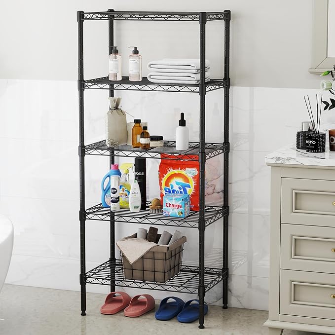DUMOS 5-Tier Metal Wire Storage Shelves, Adjustable Standing Storage Rack Shelf, Heavy Duty Steel Shelving Unit Organizers for Kitchen Bathroom Pantry Garage, 23.3" W×13.4" D×60" H, Black