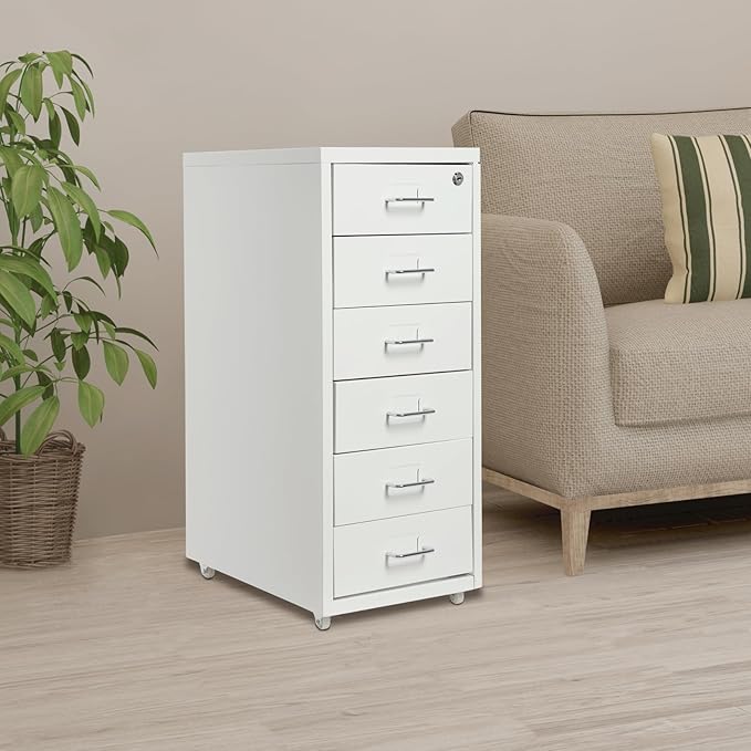 Vertical Metal File Cabinet with Lock, 6 Drawer Rolling Filing Cabinet on Wheels for A4 Legal and Letter Size Small Mobile File Organizer Cabinet for Home Office, 11x16x27in White