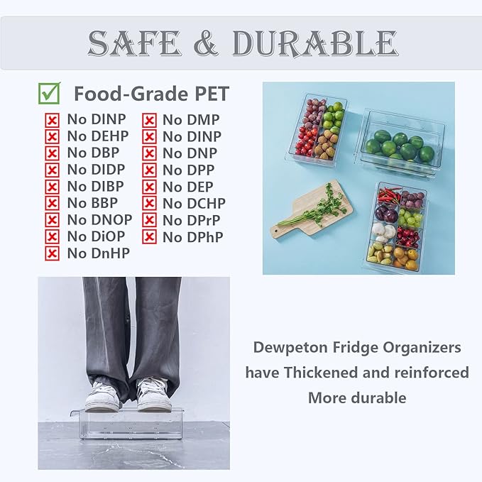 Dewpeton Refrigerator Organizer Bins - Clear Plastic Container Drawer for Egg Vegetable Fruit Snack Drink Food, Home Essentials Organization and Storage for Fridge Kitchen Cabinet Pantry Freezer
