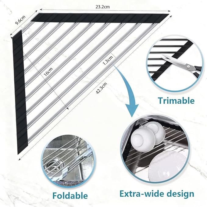 Credon Triangle Roll Up Dish Drying Rack Over The Sink, Foldable Multipurpose Corner Sink Caddy, Stainless Steel Anti Slip and Rust Proof Kitchen Sink Drainer Organizer, Small Space Solutions (Black)