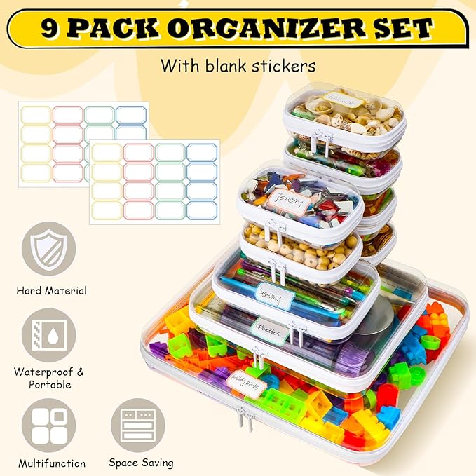 9 Pack Clear Hard Shell Zipper Case,Waterproof Toiletry Cosmetic Bag,Toy Organizers Storage Box,Diaper Bag Organizer,Pencil Case,Clear Plastic Zipper Pouches for Office Home Storage(1XL,1L,1S,6Mini)