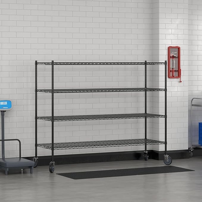 Commercial NSF Listed Black Epoxy Mobile Wire Shelving Kit 24" x 72" x 60", with 4 Shelves Perfect for Warehouse, Walk-in Refrigerator, Freezer, Grocery Store, Restaurant, Dishroom