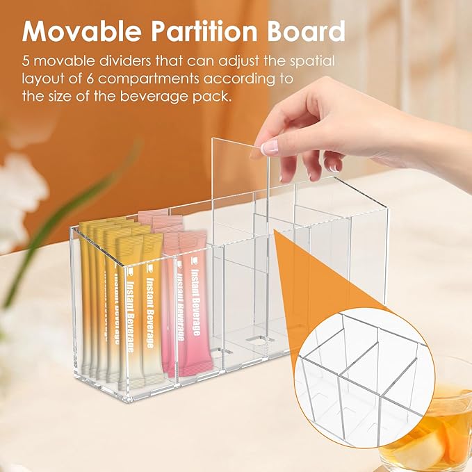 Drink Packet Organizer for Fridge, Magnetic Water Packet Organizer with Removable Divider & 6 Compartment, Drink Holder for Kitchen Pantry Cabinet Fridge