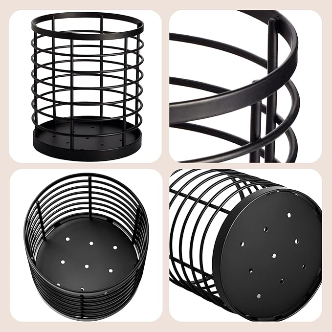 Utensil holder for Kitchen Counter - 5.2" x 5.2" x 6" Large Round Utensils Holder with Wooden Base Matte Black Cooking Utensil Holder，Kitchen countertop Utensil Organizer (Metal)