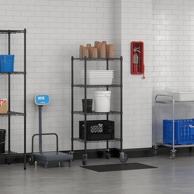 Commercial NSF Listed Black Epoxy Mobile Wire Shelving Kit 18" x 24" x 60", with 4 Shelves Perfect for Warehouse, Walk-in Refrigerator, Freezer, Grocery Store, Restaurant, Dishroom