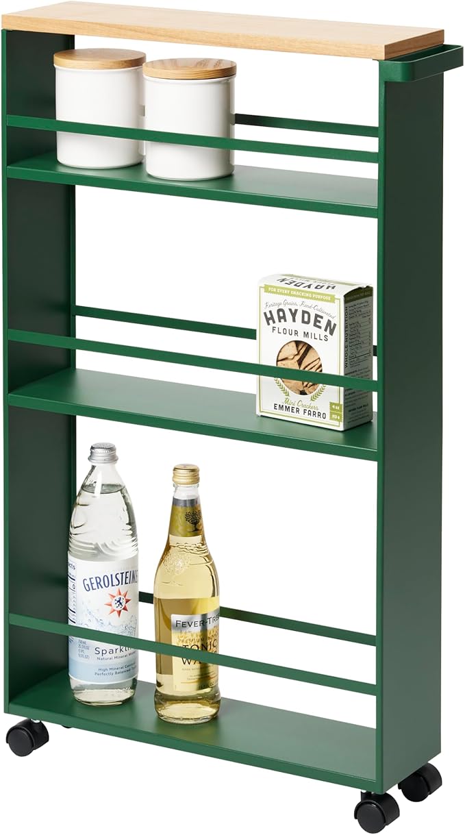 YAMAZAKI Home Slim Rolling Storage Cart – Narrow Kitchen Storage Cabinet with Handle, Slim Storage Cart with Wheels, Easy Assembly, 32" - Steel -
