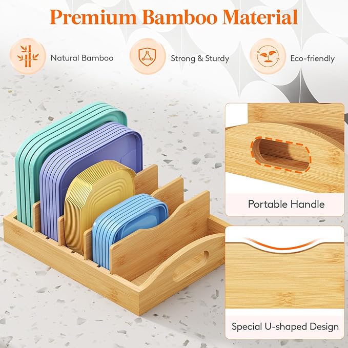 Lifewit Bamboo Lid Organizers for Inside Cabinet, Food Storage Container Lid Holder with 4 adjustable Inserts & 5 Compartments, Lid Storage for Kitchen Pantry Organization, 10.6" X 8.3"
