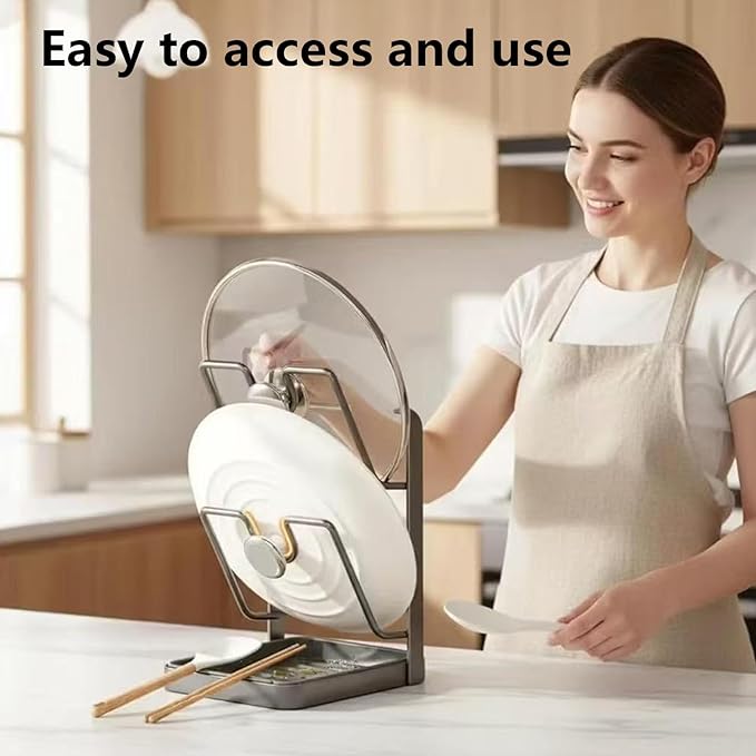 Double-Layer Stainless Steel Kitchen Pot Lid Storage Rack Detachable Countertop Pot Lid Organizer for Home Chefs & Small Kitchens (White).