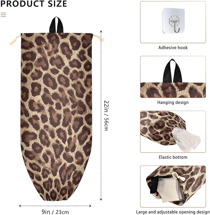 Plastic Bag Holder Wall Mount Grocery Bag Shopping Bag Storage Holder Organizer Dispenser with Adhesive Hook,for Kitchen Bathroom Home Decor 9x22 Inches Classical Leopard Print Brown28