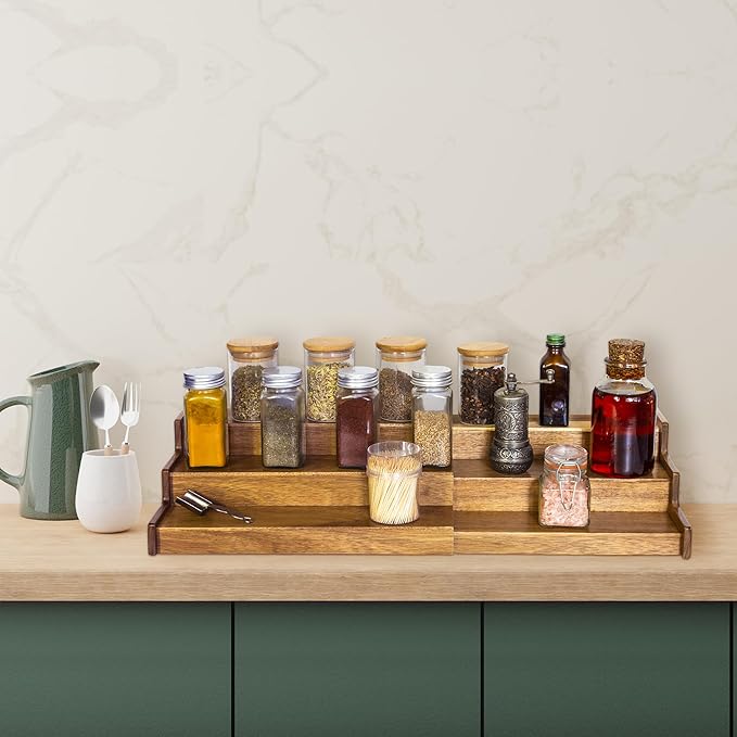 TB Home Acacia Wood 3 Tiered Spice Rack, 3 Tier Spice Organizer for Cabinet or Kitchen