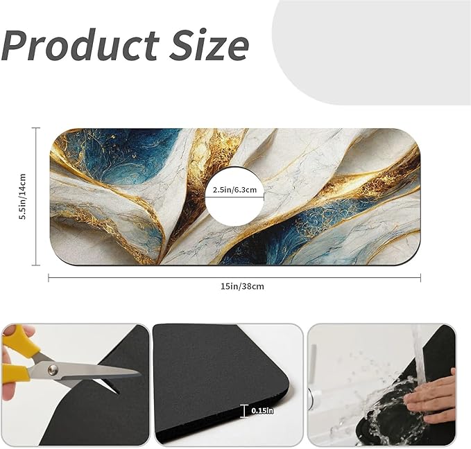 Kitchen Sink Splash Guard，Abstract Blue gold white marble Faucet Mat Sink Gadgets-Super Absorbent Fast Drying Mat Drip Catcher for Kitchen, Bathroom,Sink Mat, Dish Drying Mat, Bathroom(15" X 5.5" )