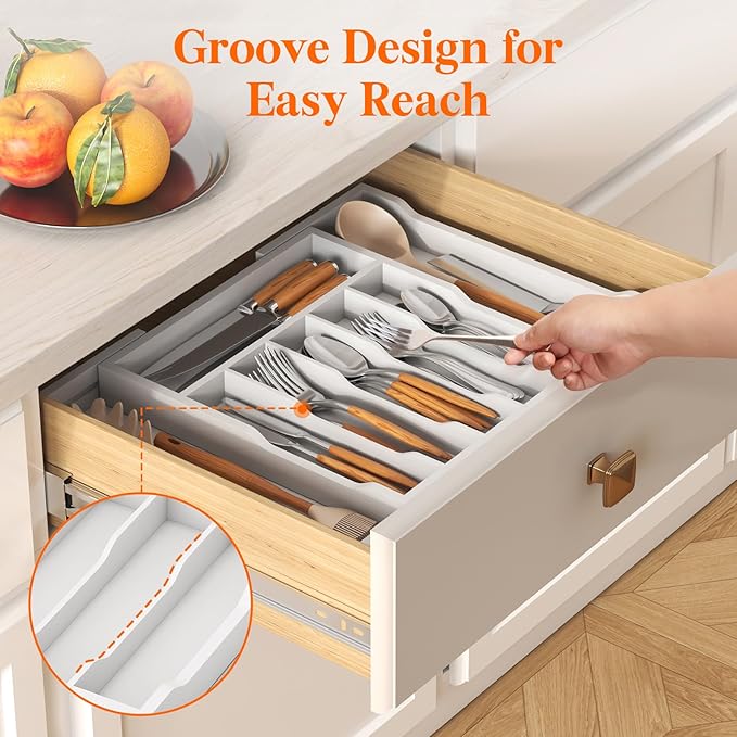 Lifewit Silverware Drawer Organizer, Expandable Utensil Tray for Kitchen, Bamboo Flatware and Cutlery Holder, Wood Adjustable Storage for Spoons Forks Knives, 13-22x15"/ 33 -56x38cm, White