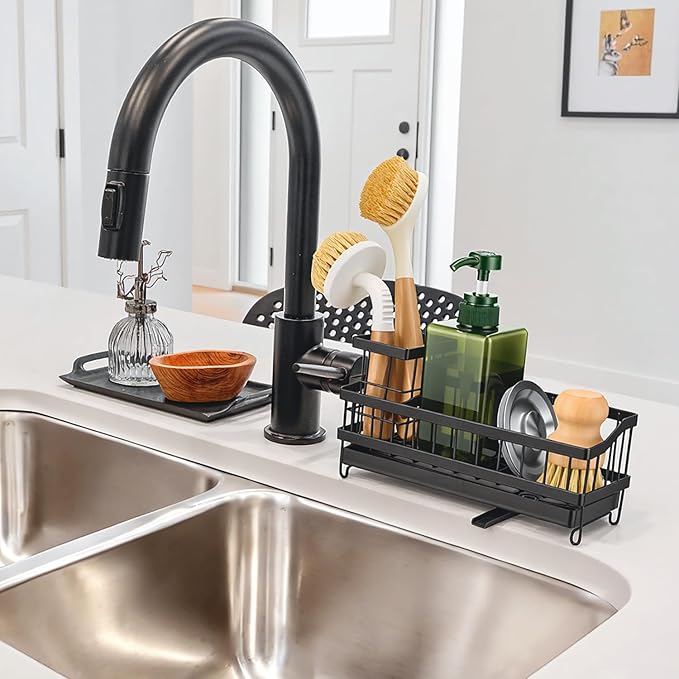 Sink Caddy & Organizer with 360° Rotating Drain, Countertop Holder for Sponges, Dishwashing Liquid, Long Handle Scrubber Compartment - Black