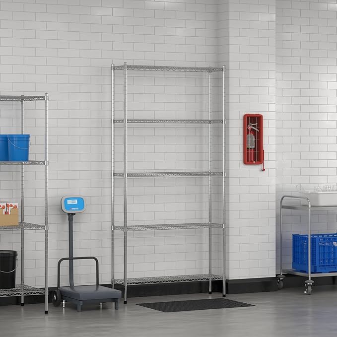 Commercial NSF Listed Chrome Stationary Wire Shelving Kit 12" x 42" x 86", with 5 Shelves Perfect for Warehouse, Walk-in Refrigerator, Freezer, Grocery Store, Restaurant, Dishroom