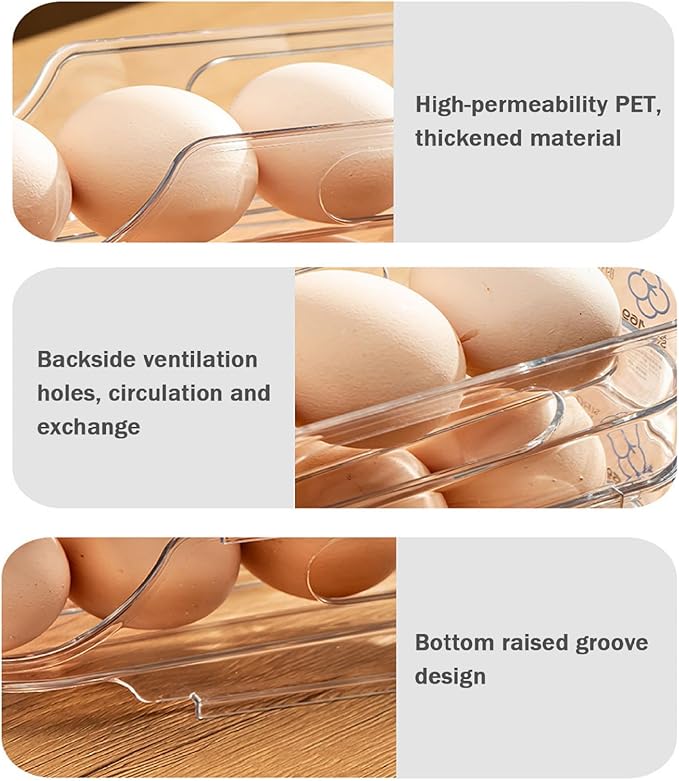 Egg Storage for Fridge 2 Tier Automatic Scrolling Egg Holder for Fridge, Stackable Space-Saving Clear Plastic Storage Container