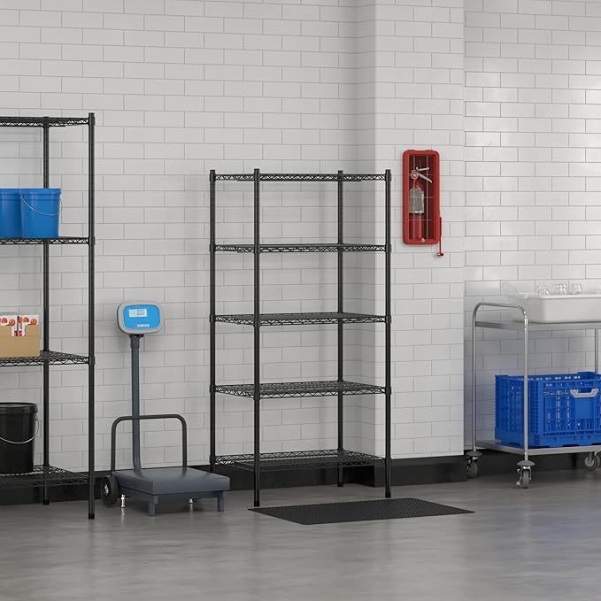 Commercial NSF Listed Black Epoxy Stationary Wire Shelving Kit 21" x 30" x 64", with 5 Shelves Perfect for Warehouse, Walk-in Refrigerator, Freezer, Grocery Store, Restaurant, Dishroom