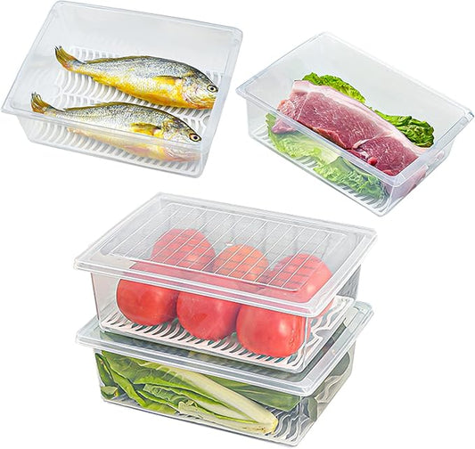 Yiautao Food Storage Container, Plastic Food Containers with Removable Drain Plate and Lid, Stackable Portable Freezer Storage Containers - Tray to Keep Fruits, Vegetables, Meat (X-Large(4PCS))