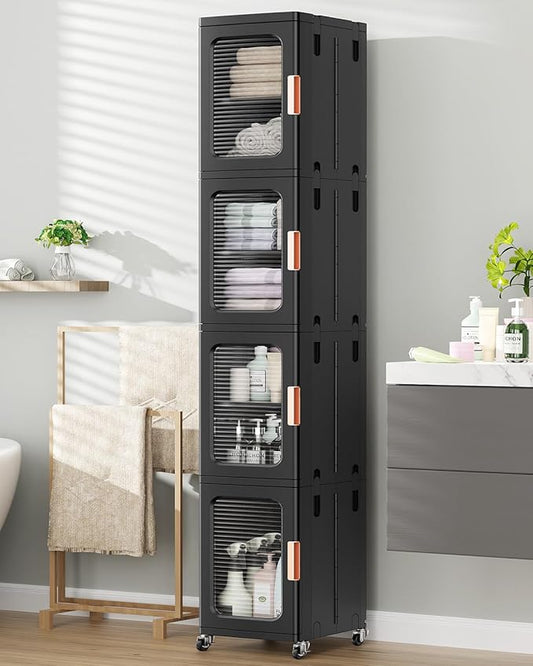BROVIEW 4-Tier Tall Narrow Storage Cabinet Organizer, Slim Bathroom Cabinets with Adjustable Shelves and Doors, Plastic Kitchen Pantry Organizers and Storages for Small Space, Laundry, Black