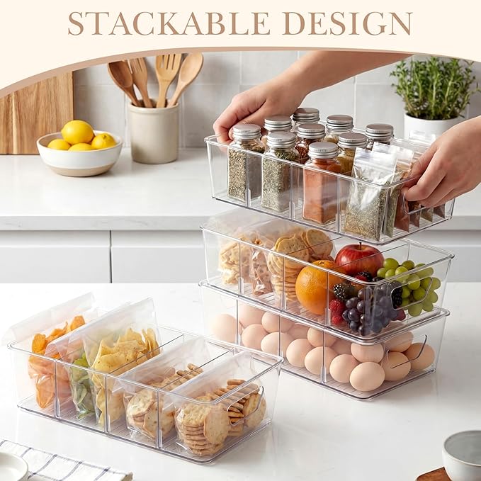 4 Pcs Pantry Organizers Bins, Clear Plastic Stackable Snack Storage Containers with 3 Dividers for Kitchen Cabinet Fridge Shelf Organization, 4 Compartment Holder