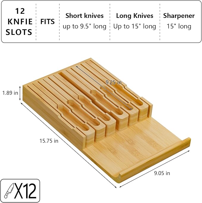 Domax Bamboo In-drawer Knife Block - Kitchen Knife Drawer Organizer Insert, Steak Knife Holder Without Knives, Drawer Knife Organizer Fits for 12 knives and 1 Sharpening Steel (Not Included)
