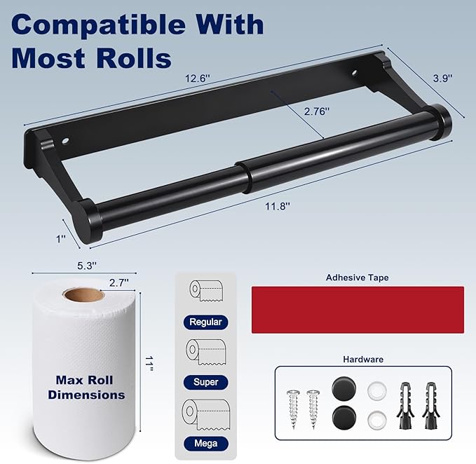 Black Paper Towel Holder Under Cabinet, Adhesive Paper Towel Holder Wall Mount Toilet Roll Holders Rack for Kitchen Bathroom Garage Counter, Anti-Drop Upgraded Telescopic Rod Design Roll