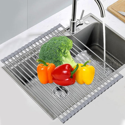Expandable Roll Up Dish Drying Rack, 23.6"L x 13.0"W Large Stainless Steel Over The Sink Dish Drying Rack with Silicone Wrapped Anti-Slip Foldable Multipurpose Dish Drainers for Kitchen Sink