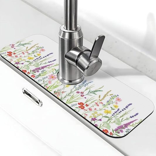 Wildflowers Floral Flower Kitchen Sink Splash Guard Faucet Mat Super Absorbent Fast Drying Mat Sink Gadgets-Fast Drying Pad Sink Mat For Kitchen Bathroom (15" X 5.5" )