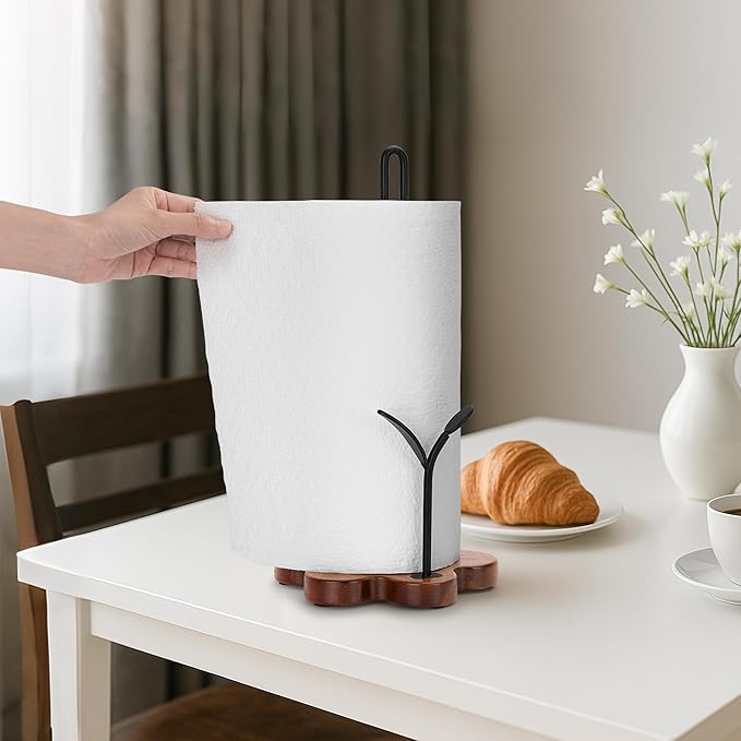 Wood Paper Towel Holder Countertop, Floral Base with Leaf-Shaped Accent Iron Rods, Easy Tear Farmhouse Kitchen Towel Holder for Dining Table