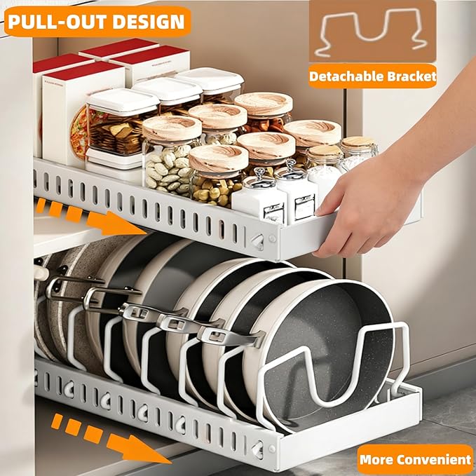 2Pack Expandable Under Cabinet Organizer Rack with 20 Adjustable Dividers for Pots, Pans, Lids & Bakeware, Kitchen Storage Holder for Cabinet Door, Fits Cutting Boards, White