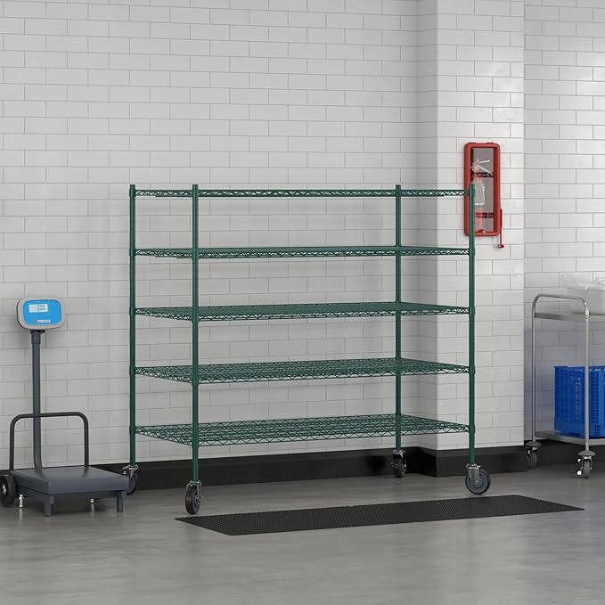 Commercial NSF Listed Green Epoxy Mobile Wire Shelving Kit 30" x 60" x 60", with 5 Shelves Perfect for Warehouse, Walk-in Refrigerator, Freezer, Grocery Store, Restaurant, Dishroom